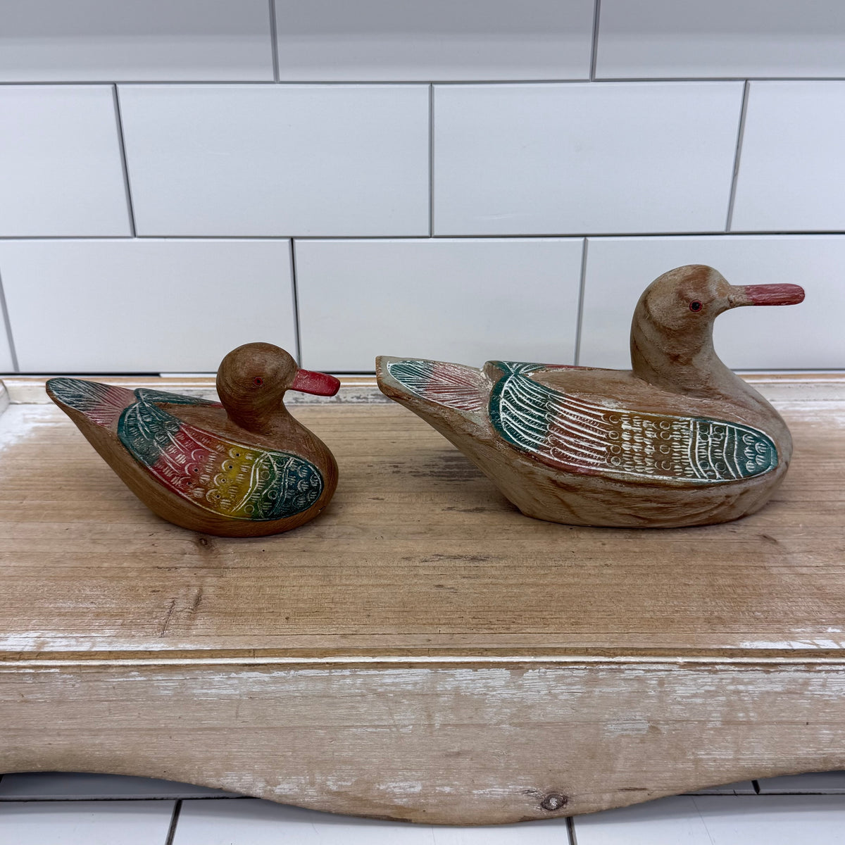 Hand Painted Wood Duck Decoy Figurines Thailand Set