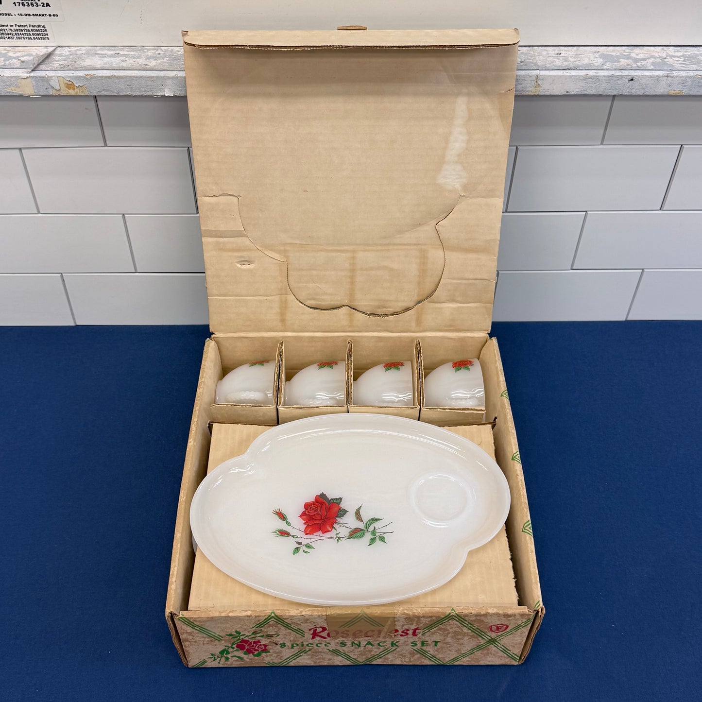 Federal Glass Rosecrest Snack Set in Box, Set of 8, Milk Glass