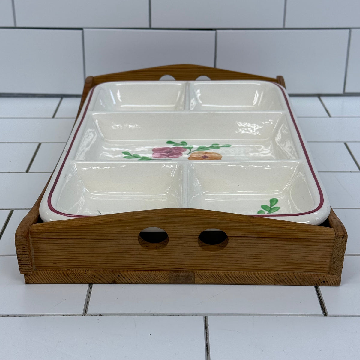 Hand Painted Floral Serving Dish with Wood Tray