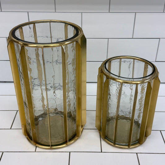 Hurricane Candle Holders with Smoked Glass Brass Finish Pair