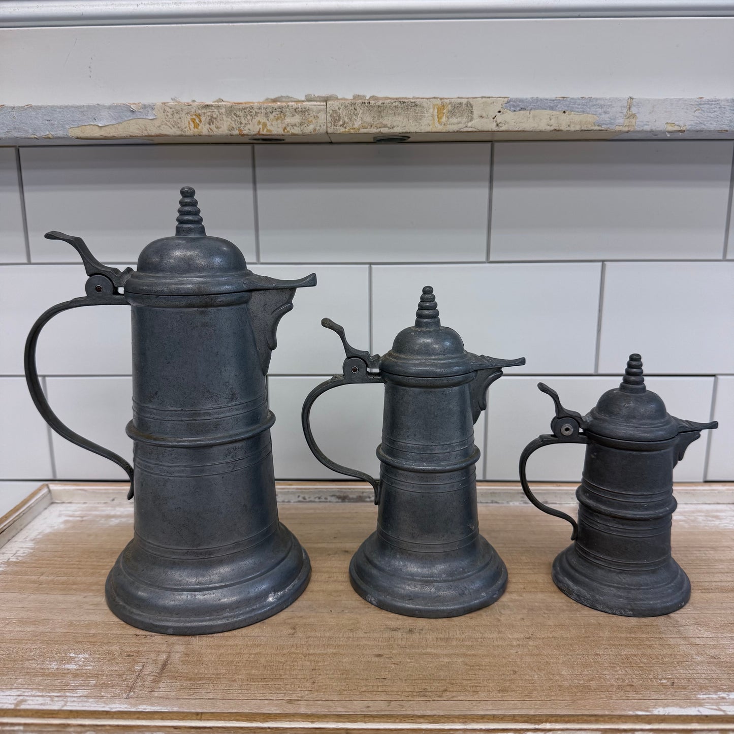 Pewter Flagon Set of 3 with Hinged Lids