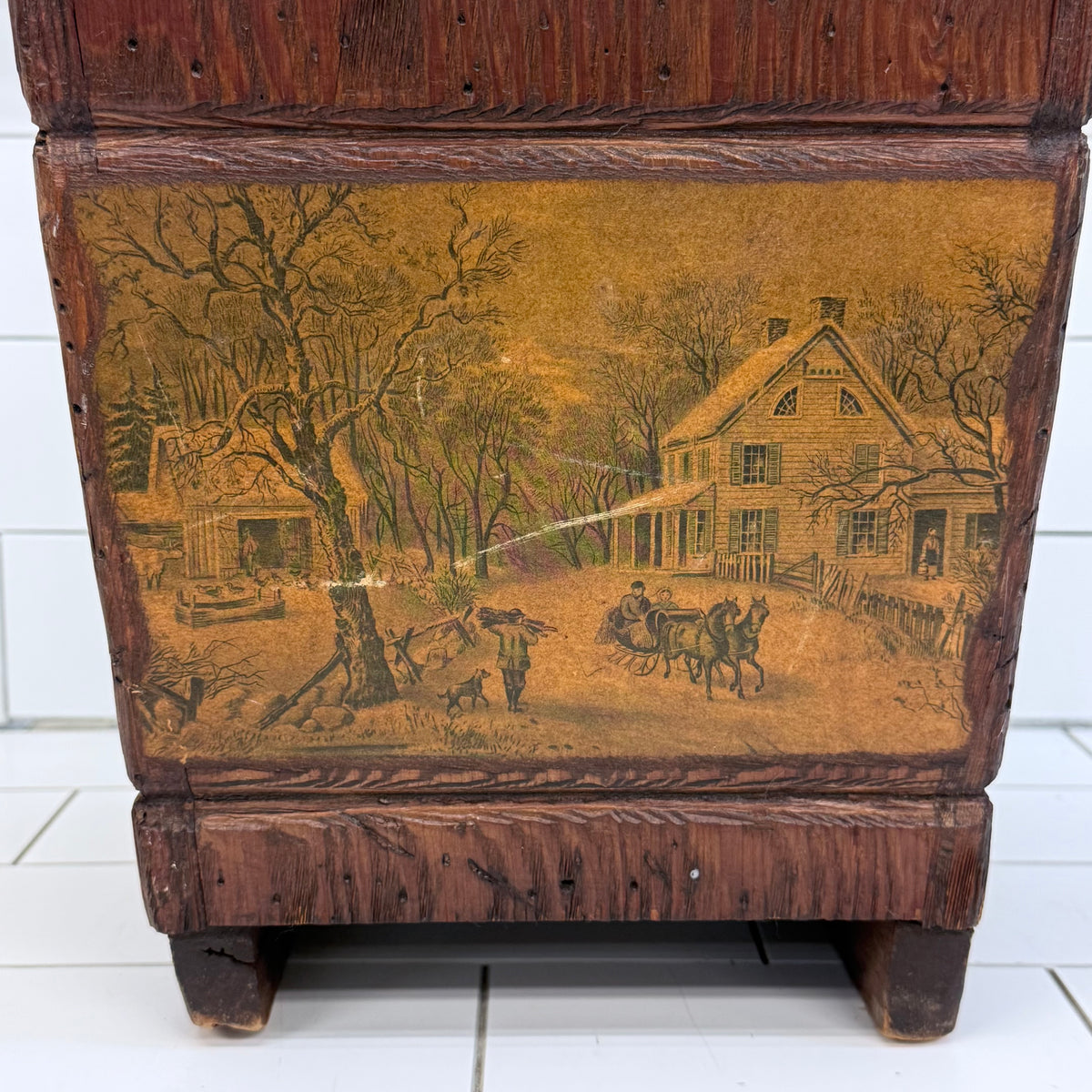 Colonial Americana Wood Wastebasket Scenic Panels