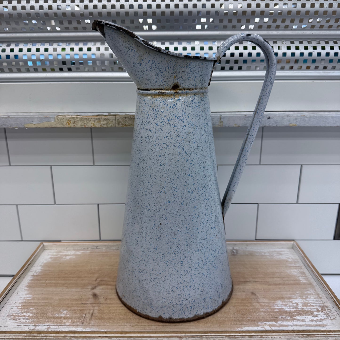 Vintage Blue Speckled Enamelware Pitcher Farmhouse Decor