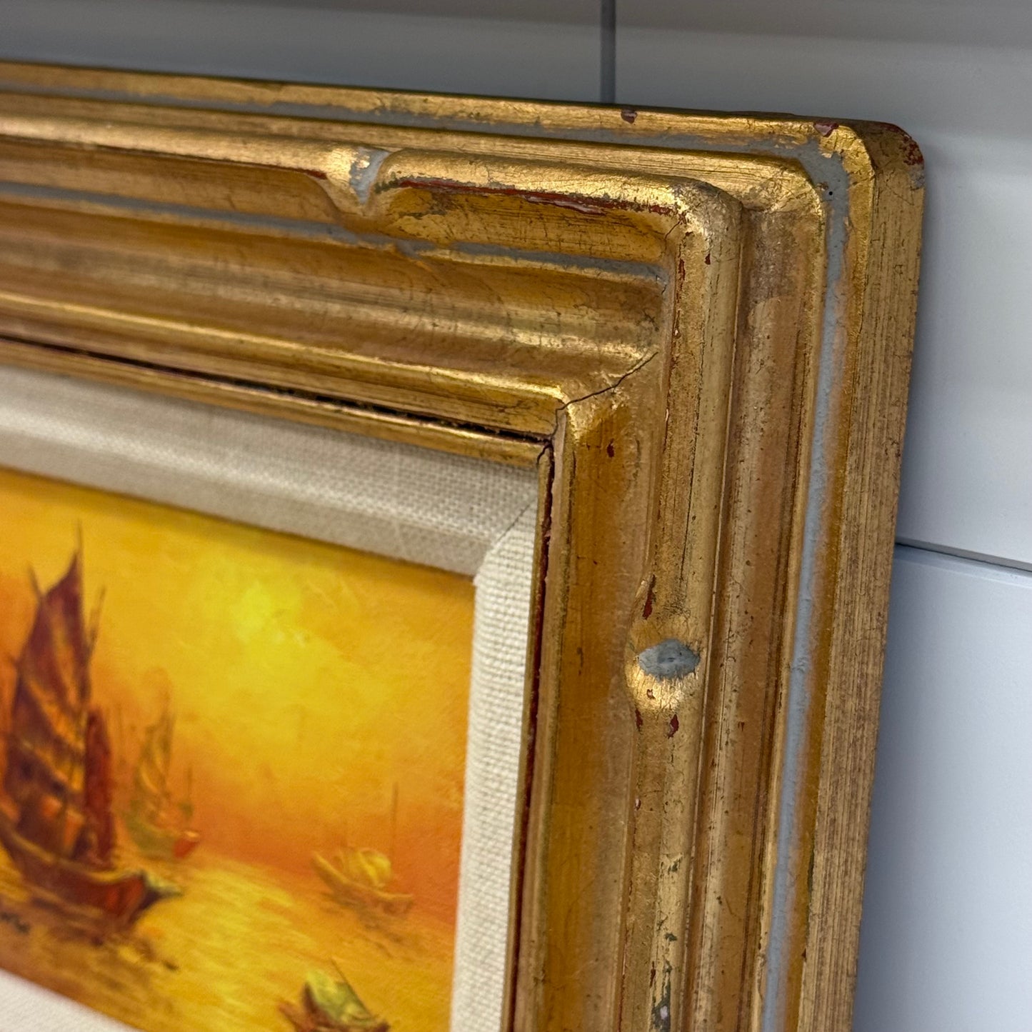 Sunset Junk Ships Original Oil Painting, Signed N.T. Fung