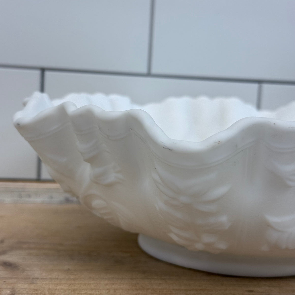 White Milk Glass Rose Bowl with Ruffled Rim