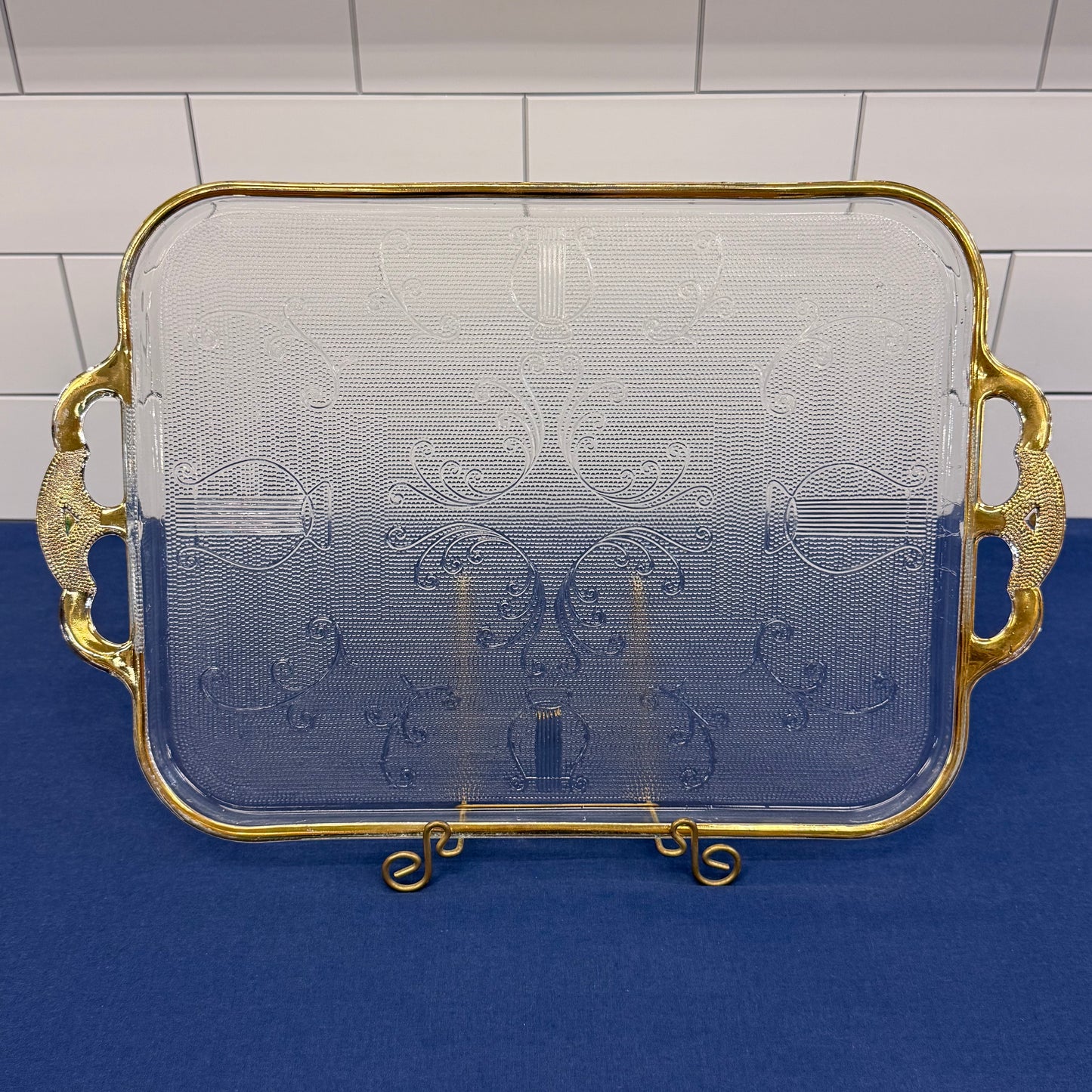 Jeannette Harp Lyre Serving Tray Gold-Trimmed Glass 1950s