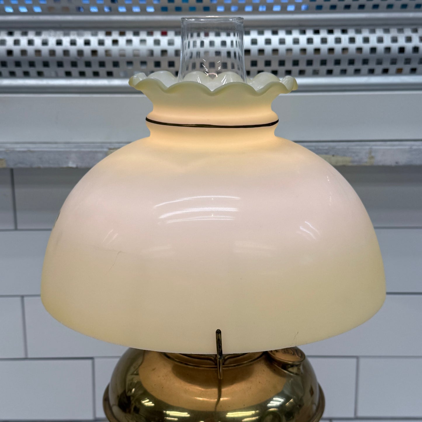KYSO Brass Electric Hurricane Lamp Glass Shade 1950s