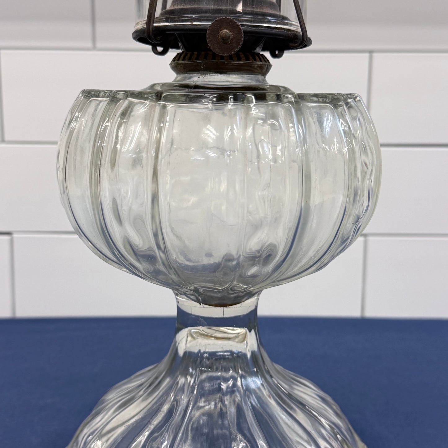 Giant Brand Clear Glass Oil Lamp with Etched Floral Glass Chimney