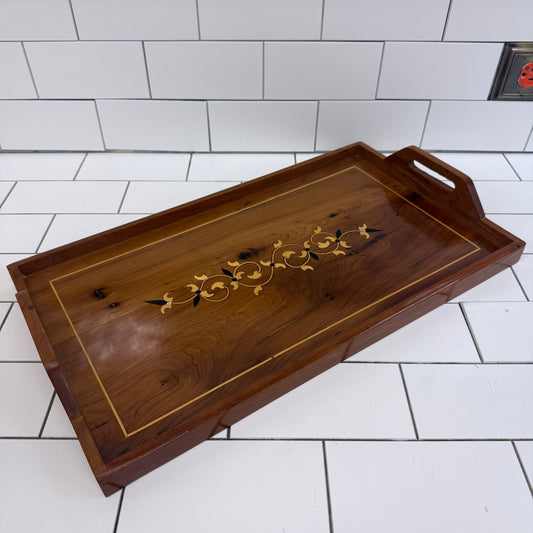 Marquetry Inlaid Wooden Serving Tray with Handles