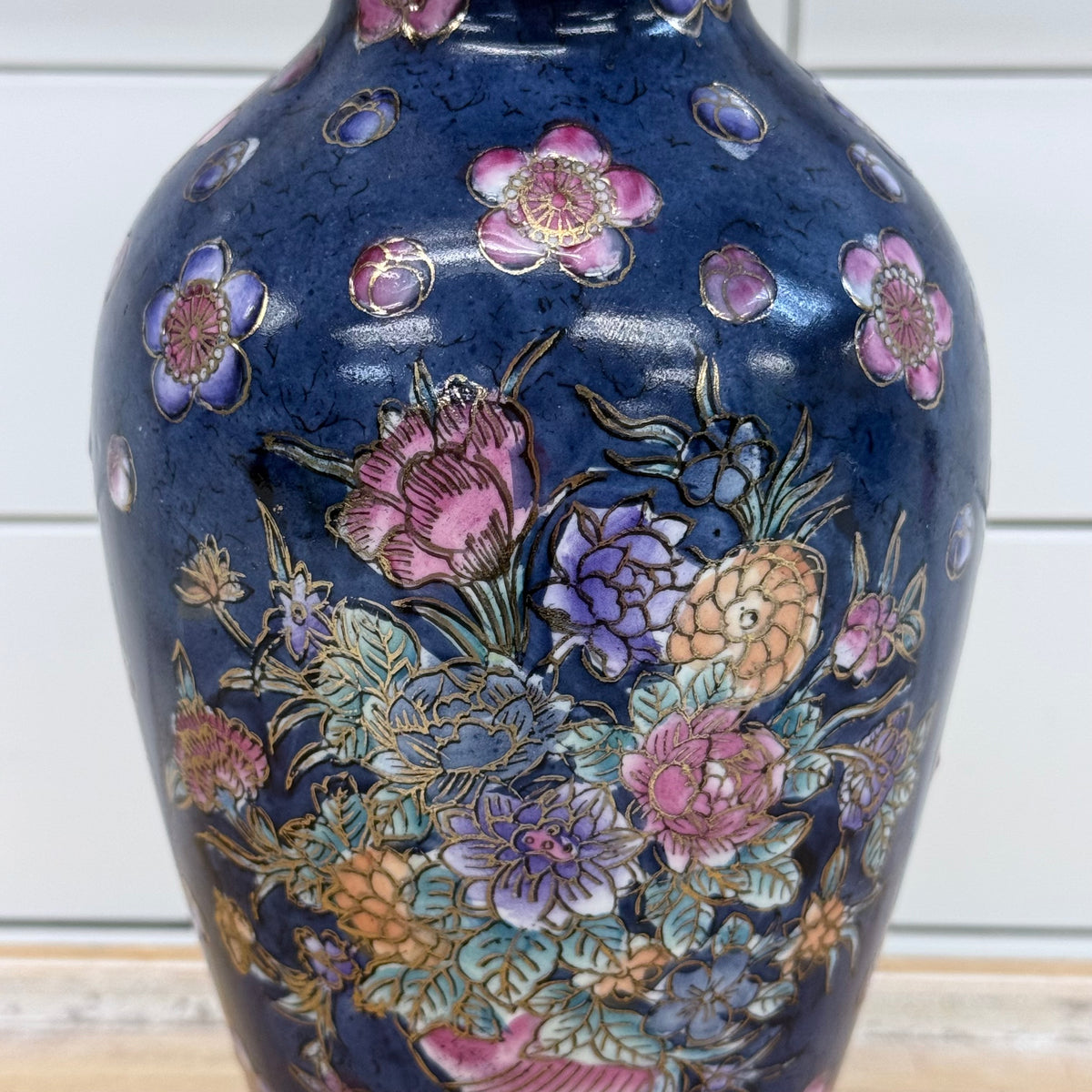 Cobalt Blue Floral Porcelain Vase Gold Trim Chinoiserie