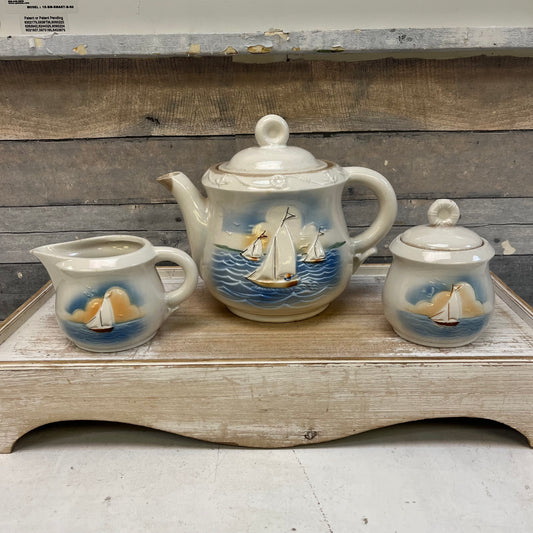 Porcelier Sailboat Ironstone Tea Service Set of 3, 1940s