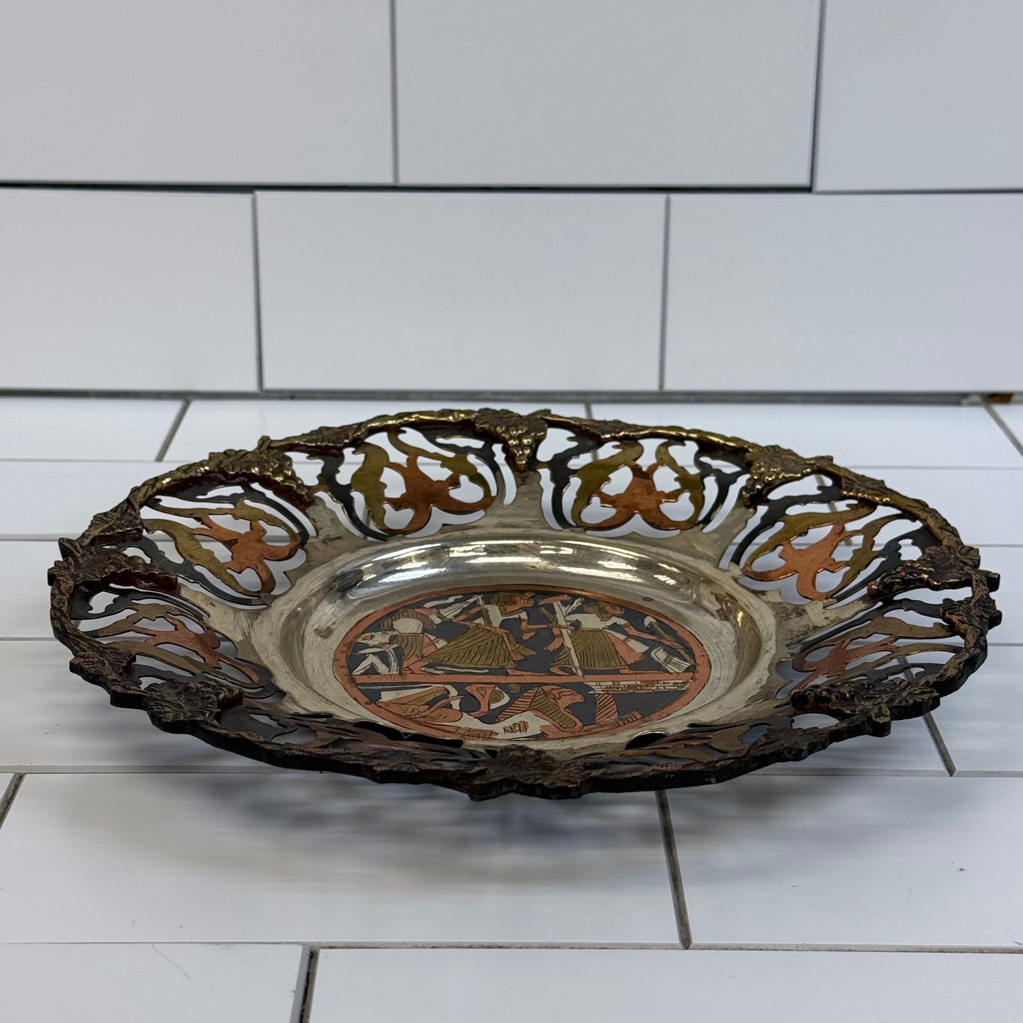 Vintage 1960s Mixed Metal Egyptian Revival Wall Plate 10” Diameter