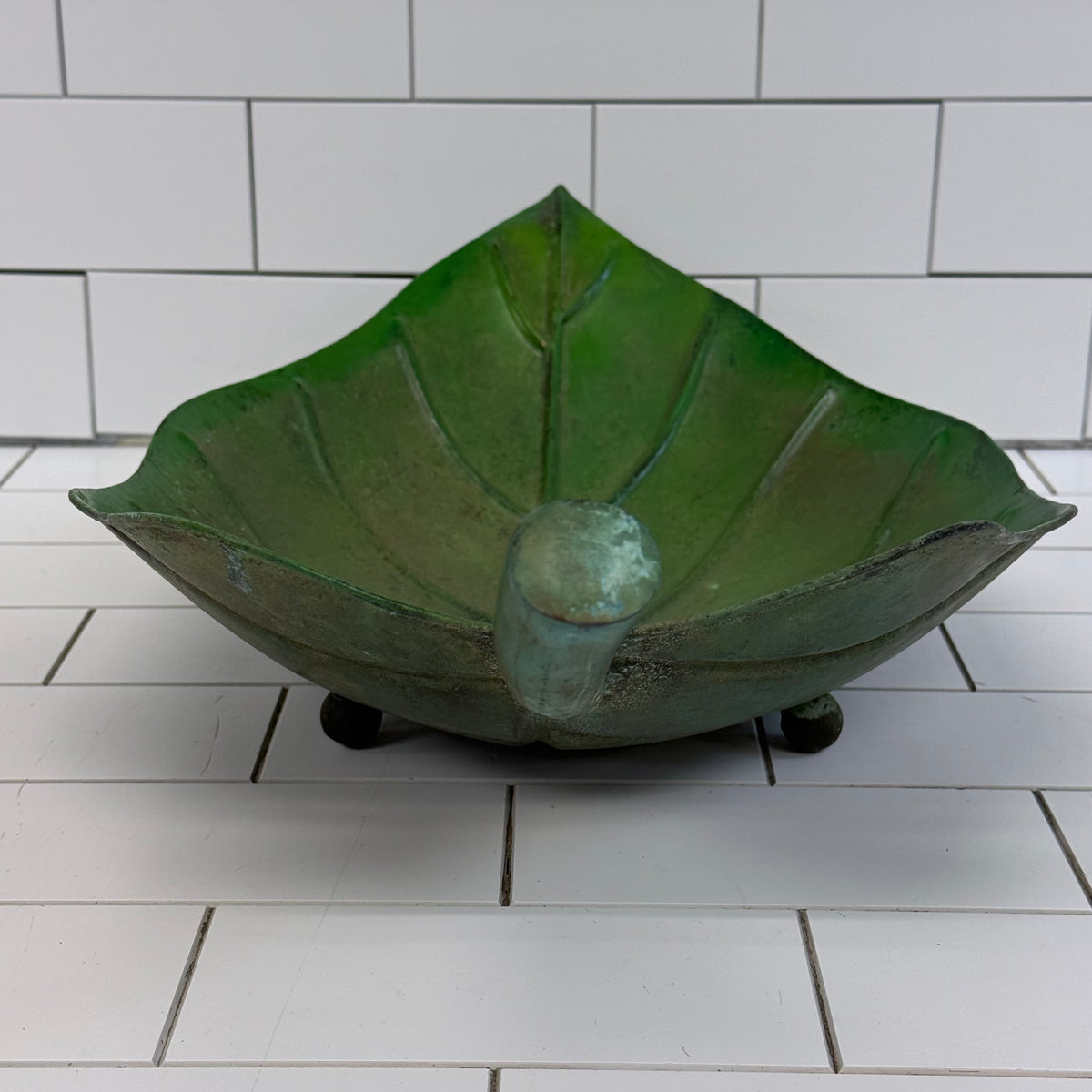 Large Green Metal Leaf Bowl Botanical Centerpiece Decor