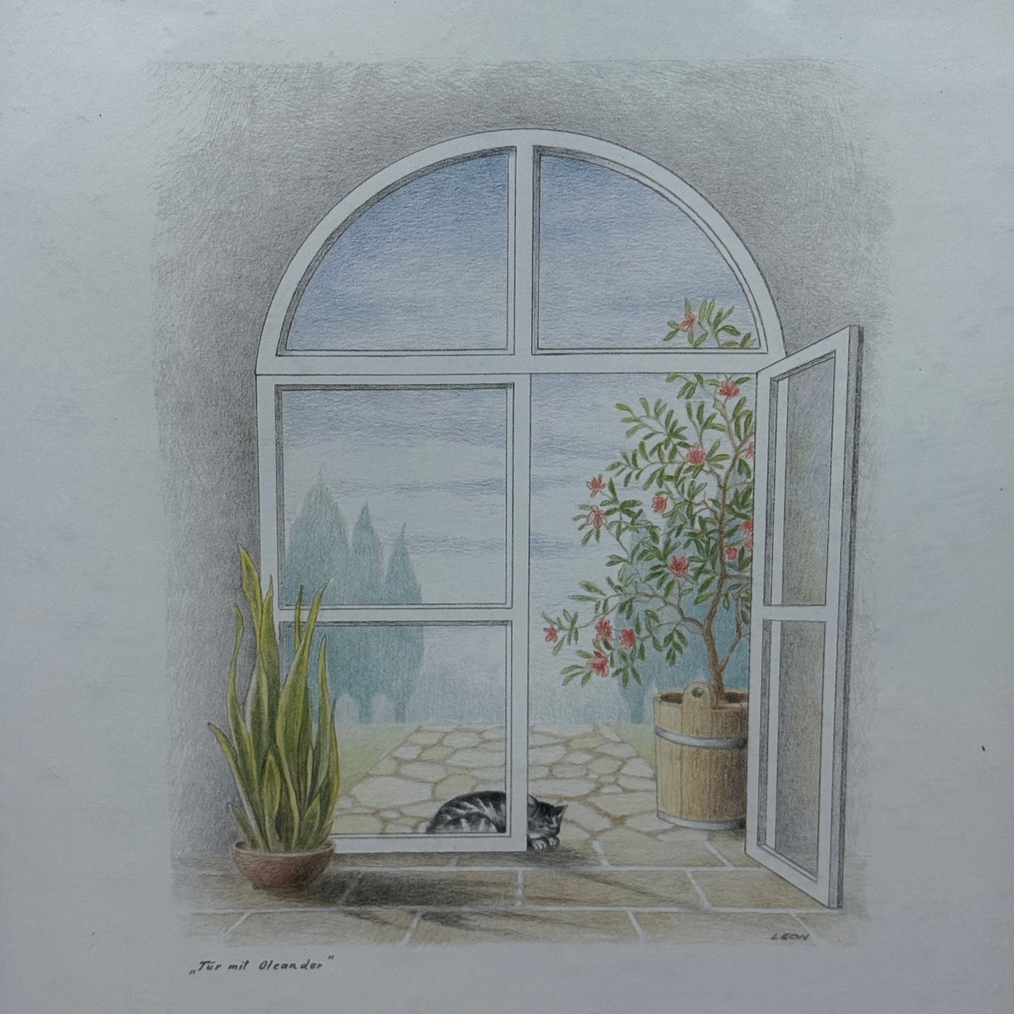 Leon Tür mit Oleander Cat & Garden Framed Art Print 1970s-1980s