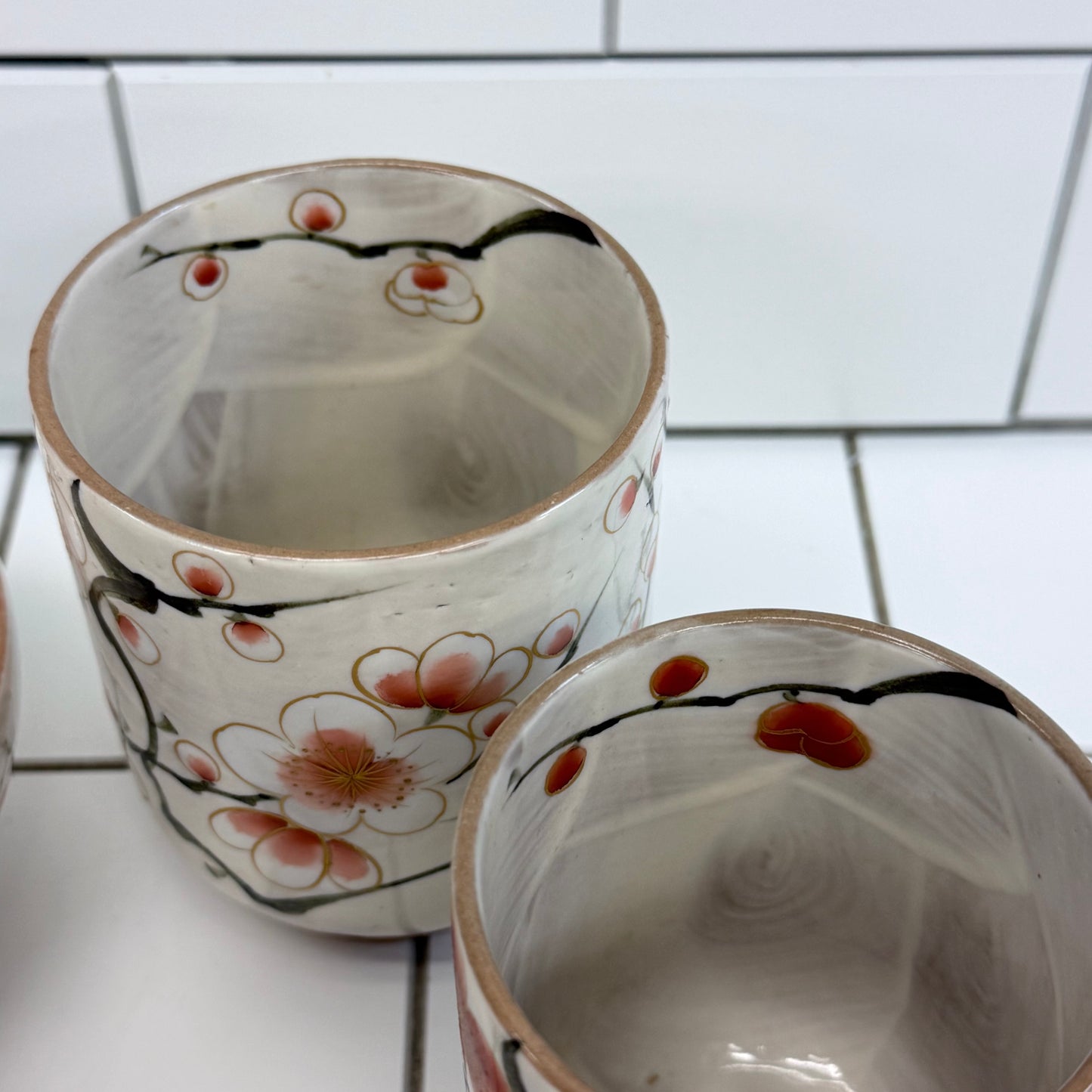 Japanese Kiyomizu-yaki Plum Blossom Bowls & Cups Set of 4