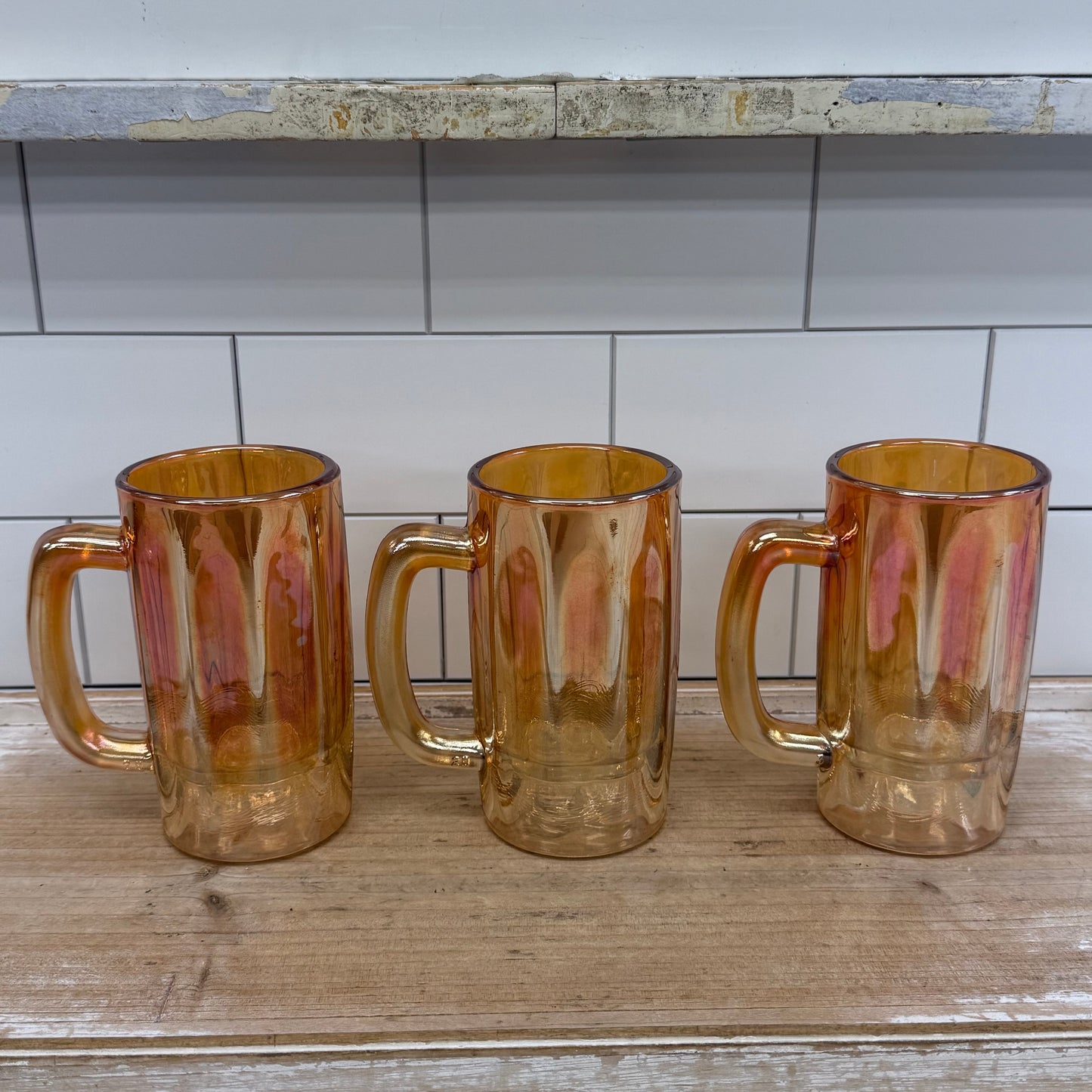 Jeannette Golden Oxen Carnival Glass Beer Mugs Set of 3