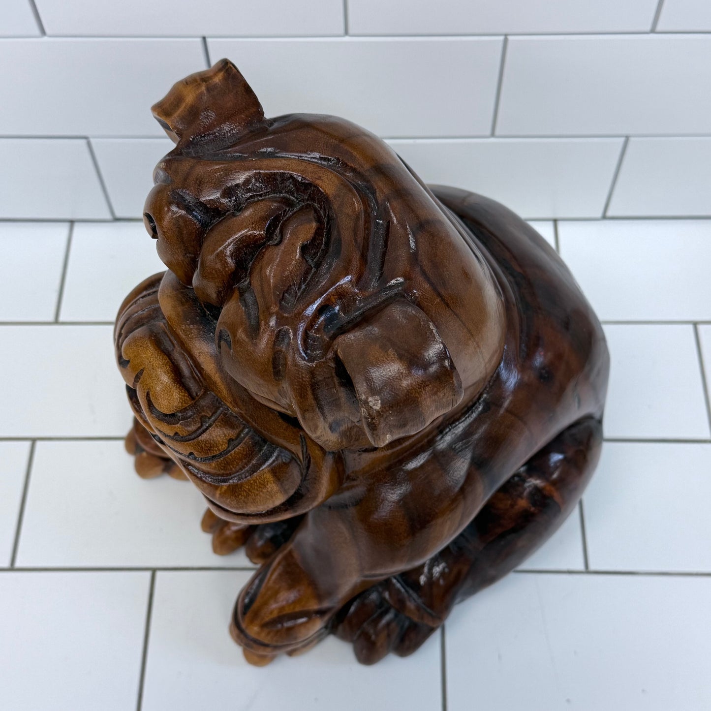Hand Carved Wooden Bulldog Statue Vintage Hardwood 11”
