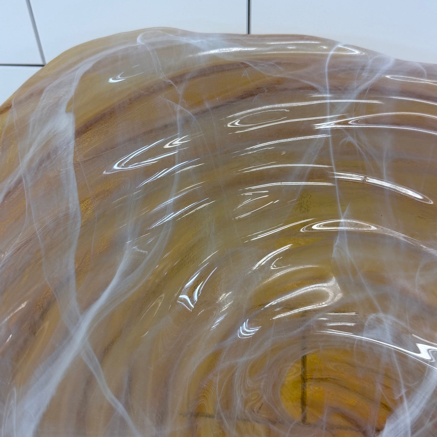 Hand Blown Studio Art Glass Centerpiece Bowl Amber Swirl