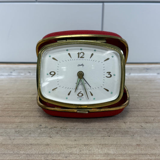 Bradley Mechanical Travel Alarm Clock in Red Leather Case