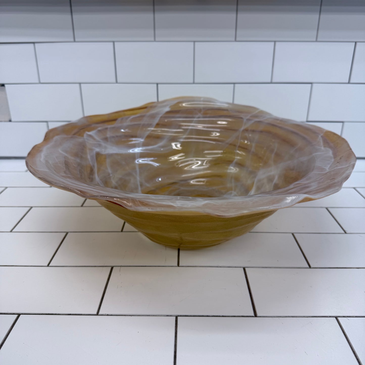 Hand Blown Studio Art Glass Centerpiece Bowl Amber Swirl