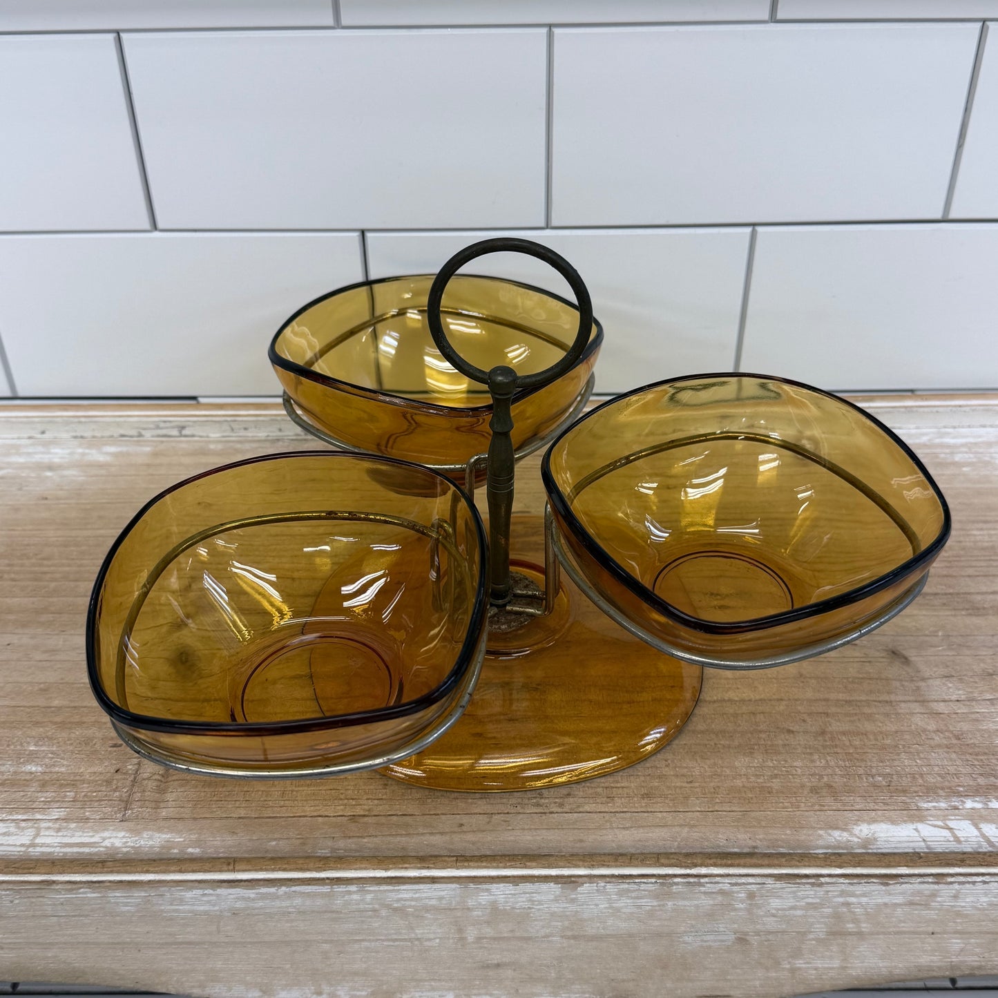 Anchor Hocking & Vereco France Amber Glass Serving Bowls with Stands, Lot of 2