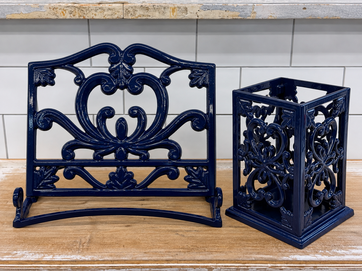 Navy Blue Cast Iron Cookbook Stand & Utensil Holder Set